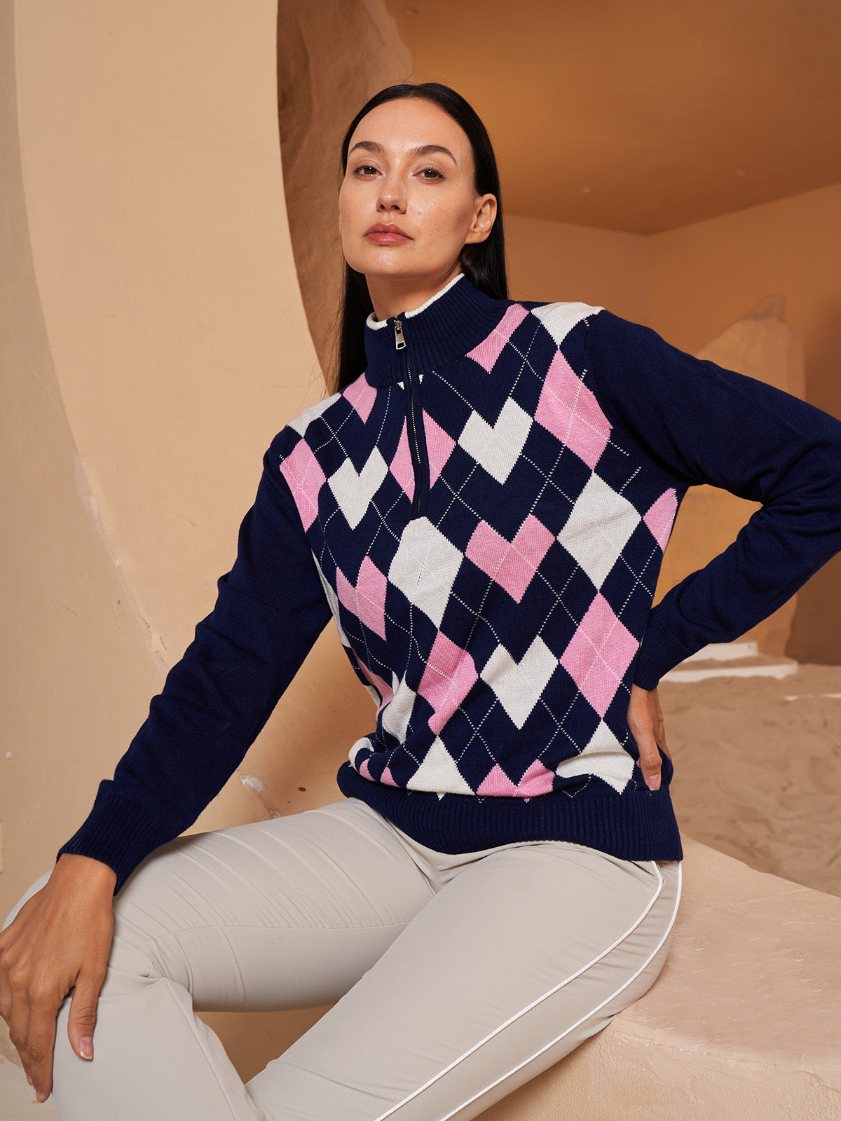 More Than Basic Golf Diamond Argyle Zip Sweater