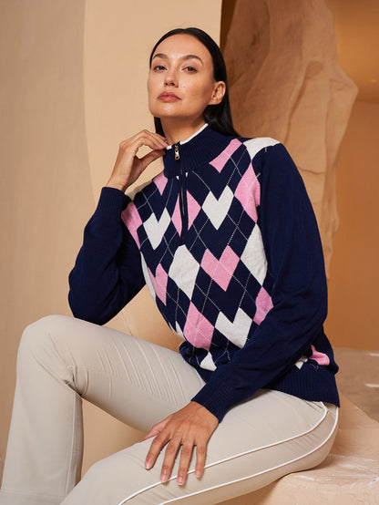 More Than Basic Golf Diamond Argyle Zip Sweater