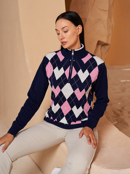 More Than Basic Golf Diamond Argyle Zip Sweater