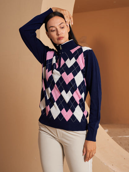 More Than Basic Golf Diamond Argyle Zip Sweater