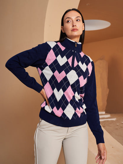 More Than Basic Golf Diamond Argyle Zip Sweater