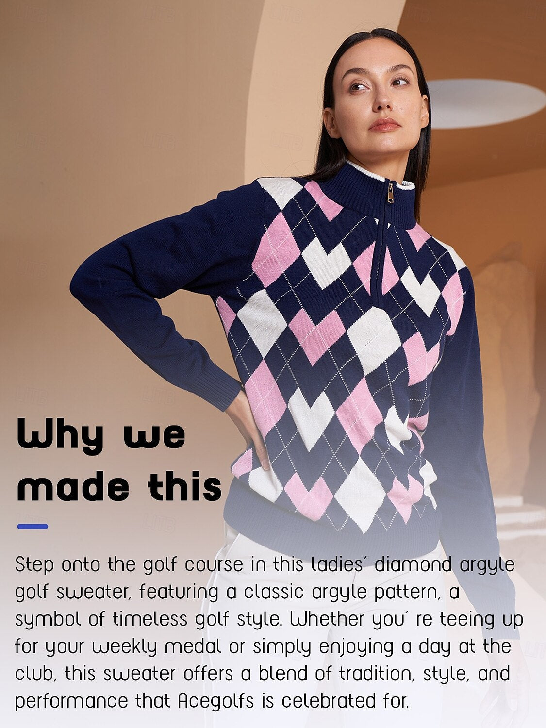 More Than Basic Golf Diamond Argyle Zip Sweater