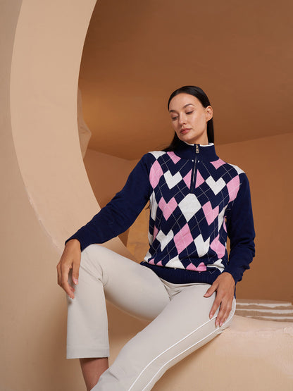 More Than Basic Golf Diamond Argyle Zip Sweater